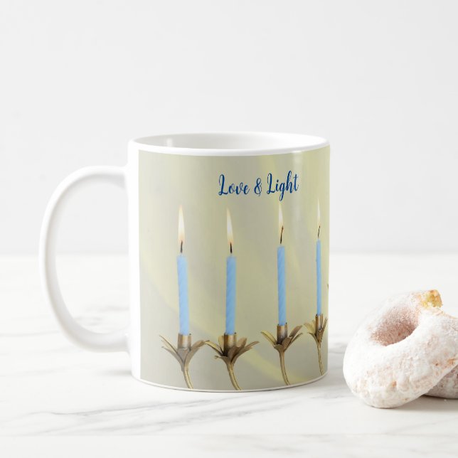Caneca De Café Velas Azuis Douradas Menorah (Com Donut)