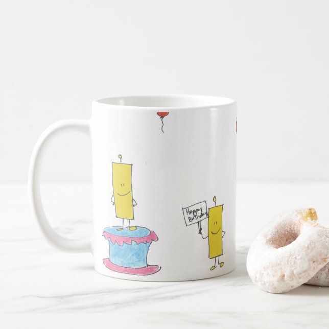 Caneca De Café Velas e balões de aniversário (Com Donut)