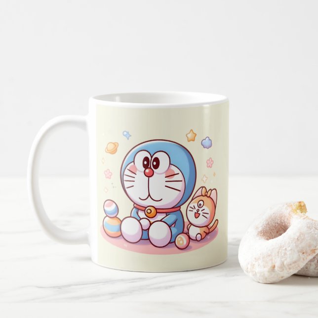 Caneca De Café Venha Venha Gato E Doraemon (Com Donut)