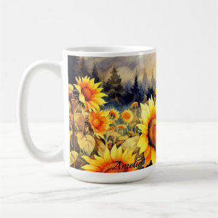 Caneca De Café Verão de Girassol Amarelo Aquarela Nome Personaliz