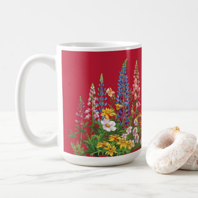 Caneca De Café Verdadeiro Vermelho com Padrão Azul de Flores (Com Donut)