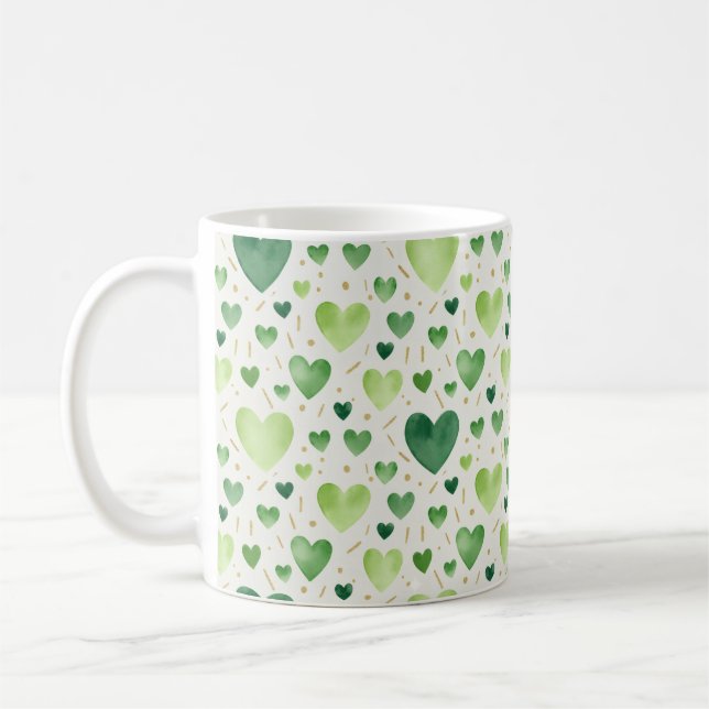 Caneca De Café Verdant Hearts: Hand-Painted Emerald & Gold (Esquerda)