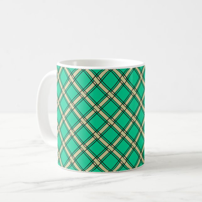 Caneca De Café Verde bege, padrão xadrez (Frente Esquerda)