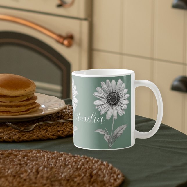 Caneca De Café Verde Bela Daisy Flower Boho Personalizável (Criador carregado)
