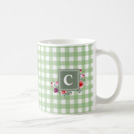 Caneca De Café Verde clássico belo, verde tartan, floral inicial