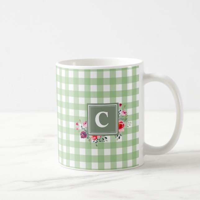 Caneca De Café Verde clássico belo, verde tartan, floral inicial (Direita)