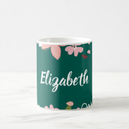 Caneca De Café Verde com Flores Rosa Personalizadas