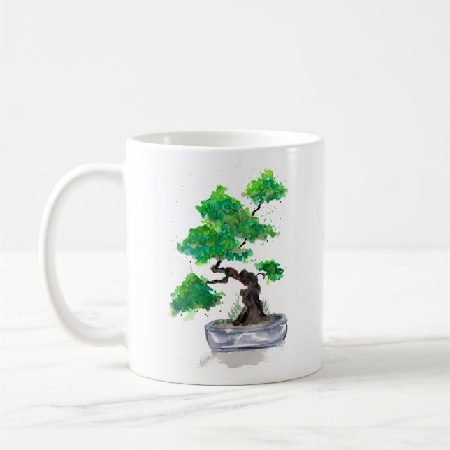 Caneca de café verde da aguarela dos bonsais (Esquerda)