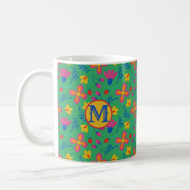 Caneca De Café Verde Fiesta Floral Personalizado Inicialmente (Esquerda)
