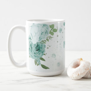 caneca de café verde-flores azuis românticas