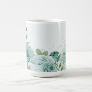 Caneca De Café verde-flores azuis românticas