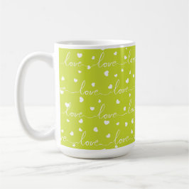 CANECA DE CAFÉ VERDE LIMÃO COM AMOR BRANCO SCRIPT COM CORAÇÕES