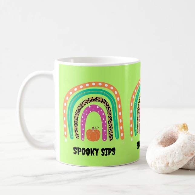 Caneca De Café Verde limão Halloween Rainbow Pumpkin Sips Spooky (Com Donut)