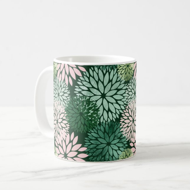 Caneca De Café Verde Rosa Moderno Dahlia Floral (Frente Esquerda)