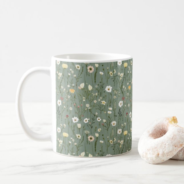 Caneca De Café Verde Salvia Amarelo Branco Boho Flores Silvestres (Com Donut)