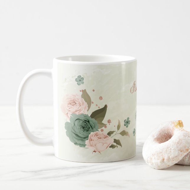 Caneca De Café verde sálvia floral blush  (Com Donut)