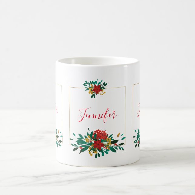Caneca De Café Verde Vermelho Moderno e Dourado Natal Floral (Centro)
