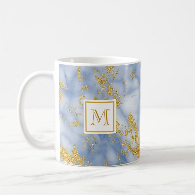 Caneca De Café Vermelhidão Azul Elegante Monograma Faux Glitter D (Esquerda)