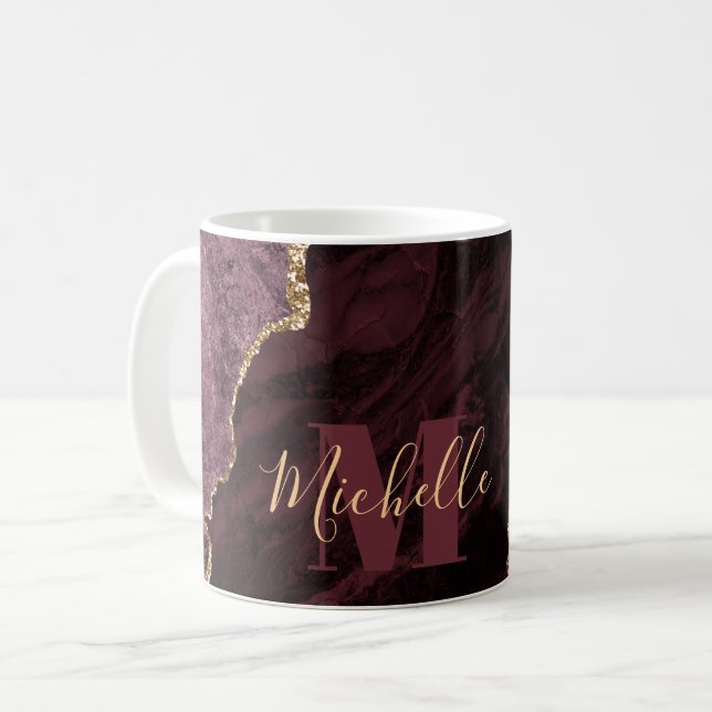 Caneca De Café Vermelho Borgonha & Dourado Falso Brilho Mármore Á (Frente Esquerda)