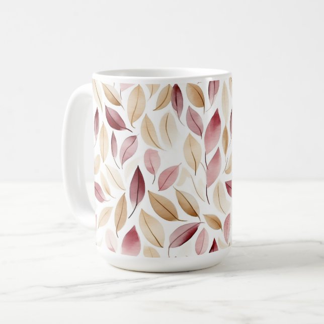 Caneca De Café Vermelho Folhas Blush Creme Dourado  (Frente Esquerda)