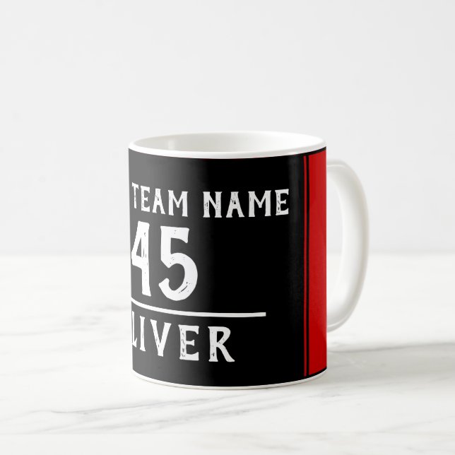 Caneca De Café Vermelho Preto com Nome da Equipe Número (Frente Esquerda)