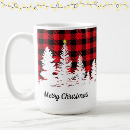 Caneca De Café Vermelho Rústico Xadrez Búfalo Floresta Feliz Nata