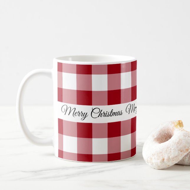 Caneca De Café Vermelho Xadrez Rústico Feliz Natal (Com Donut)
