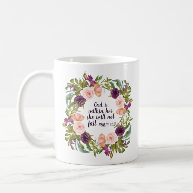 Caneca De Café Versículo Bíblico Cristão Floral Rosa Roxo (Esquerda)