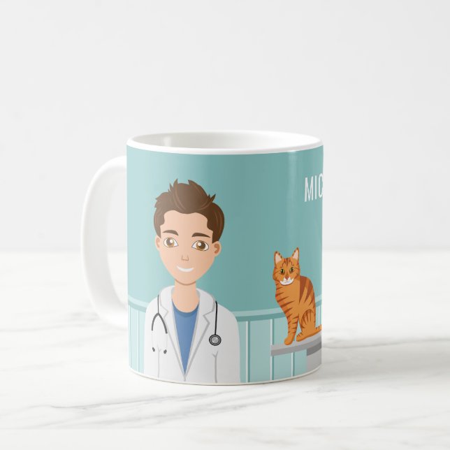 Caneca De Café Veterinário Homem Vet Médico Animal E Nome Persona (Frente Esquerda)
