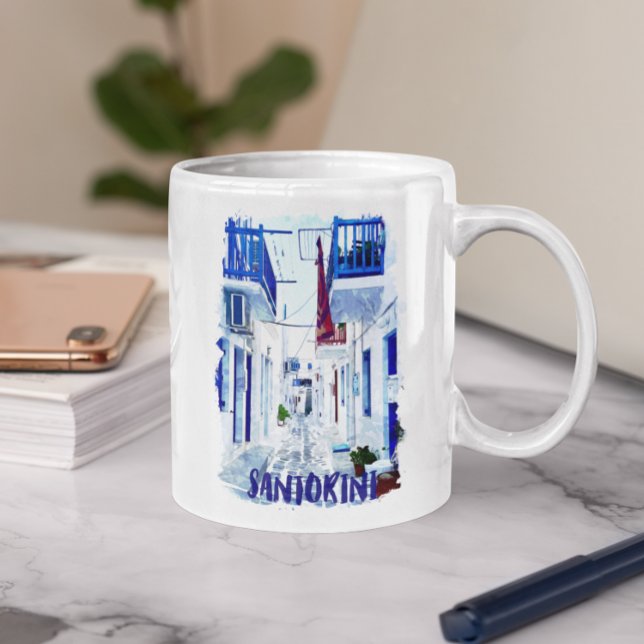 Caneca De Café Viagem Azul Santorini e Branco (santorini beautiful stylish mug)