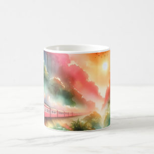 Caneca De Café Viagem de Trem Pôr do Sol Tropical em Aquarela