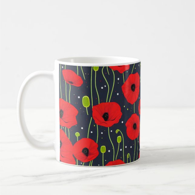 Caneca De Café Vibrant Modern Red Poppies Pattern Art (Esquerda)