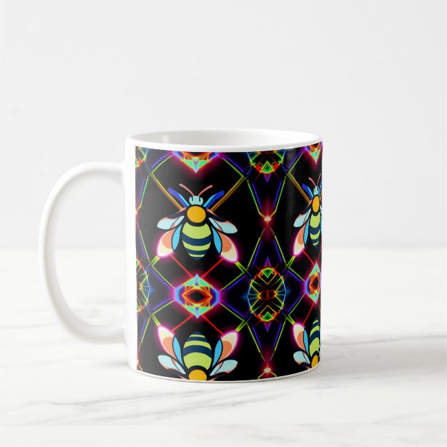 Caneca De Café Vibrant Neon Honeybee com Abstrato Hexagonal (Esquerda)
