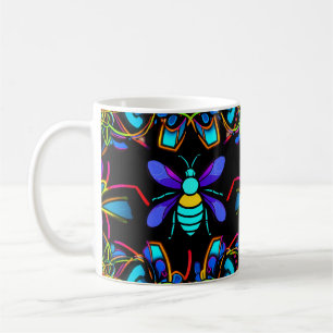 Caneca De Café Vibrant Neon Honeybee com Abstrato Hexagonal