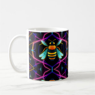 Caneca De Café Vibrant Neon Honeybee com Abstrato Hexagonal