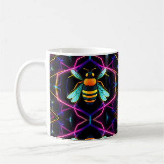 Caneca De Café Vibrant Neon Honeybee com Abstrato Hexagonal