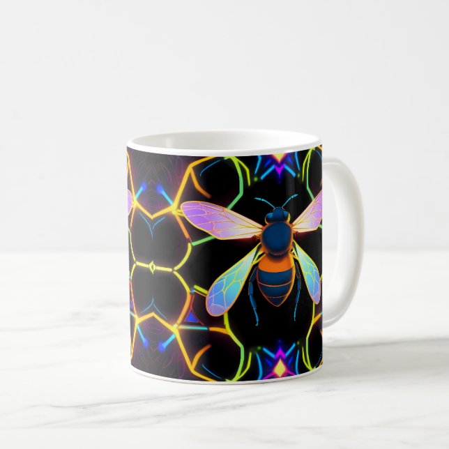 Caneca De Café Vibrant Neon Honeybee com Abstrato Hexagonal (Frente Esquerda)