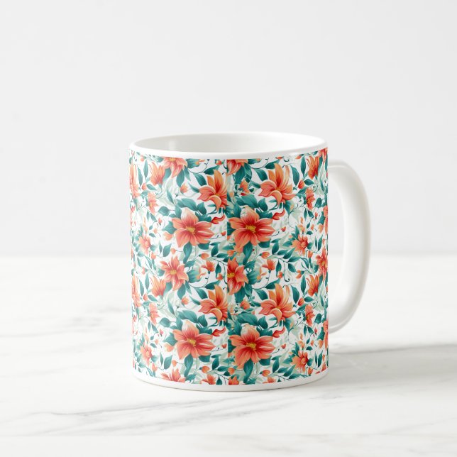Caneca De Café Vibrant Orange Floral Garden Pattern - Elegant Tea (Frente Esquerda)