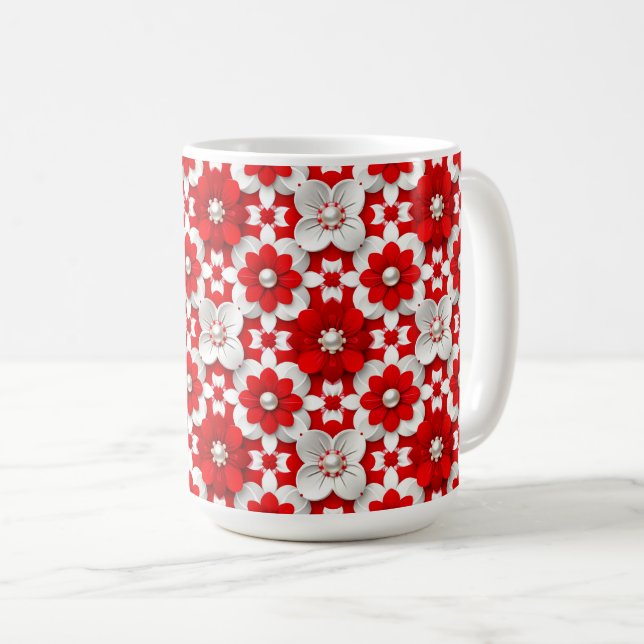 Caneca De Café Vibrant Red And White Floral Pattern With Pearl (Frente Esquerda)