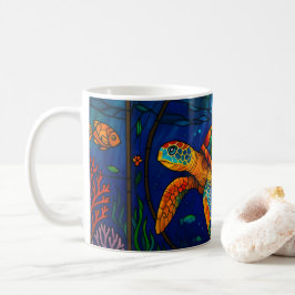 Caneca De Café Vibrant Stained Glass Sea Turtle Ocean Design