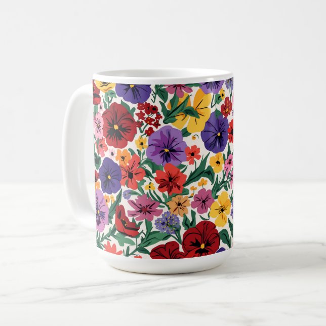 Caneca De Café Vibrant Wildflower Pansy Botanical Pattern (Frente Esquerda)