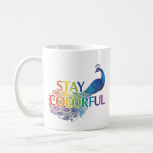 Caneca De Café Vibrante "Permaneça Colorido" Pavão Motivacional
