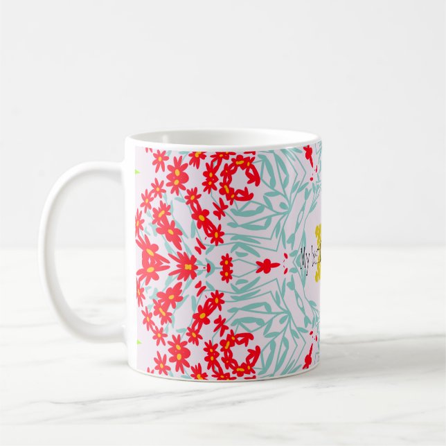 Caneca De Café Vibrante, Vermelho e Azul, Design Geométrico Flora (Esquerda)