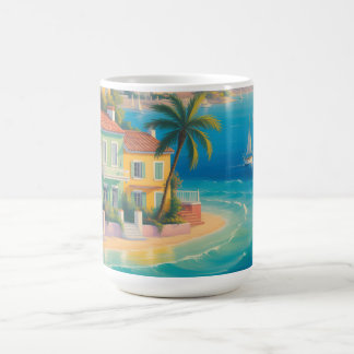 Caneca De Café Vibrante Vila Mediterrânea na Praia Tropical