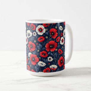 Caneca De Café Vibrantes Flores de Papoula Vermelhas e Brancas