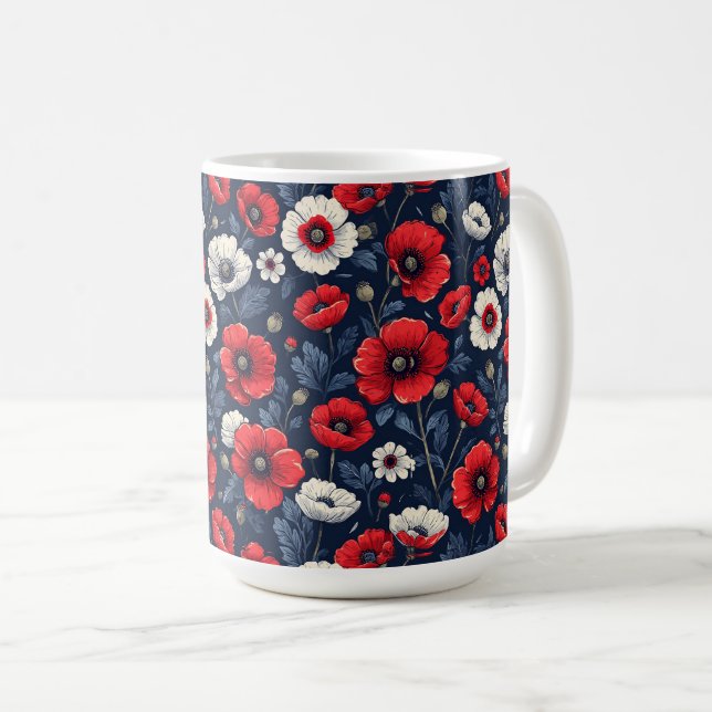 Caneca De Café Vibrantes Flores de Papoula Vermelhas e Brancas (Frente Esquerda)