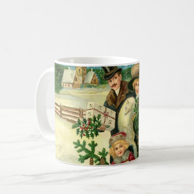 Caneca De Café Victorian family in the snow Christmas scene (Frente Esquerda)