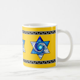 Caneca De Café Vidro Azul Deco Magen David em Amarelo