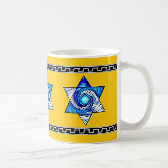 Caneca De Café Vidro Azul Deco Magen David em Amarelo (Direita)