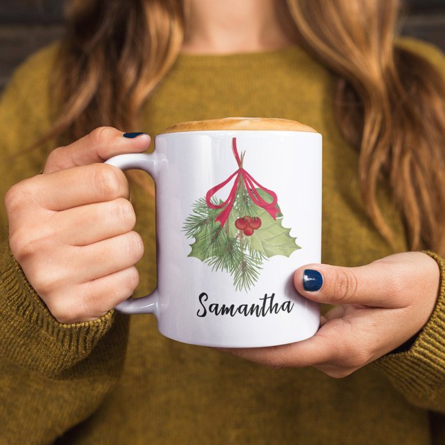 Caneca De Café Vidro Holly Berries Greenery Script (Christmas holiday greenery and foliage calligraphy script custom mug. )